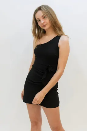 One Shoulder Ruffle Dress - Black