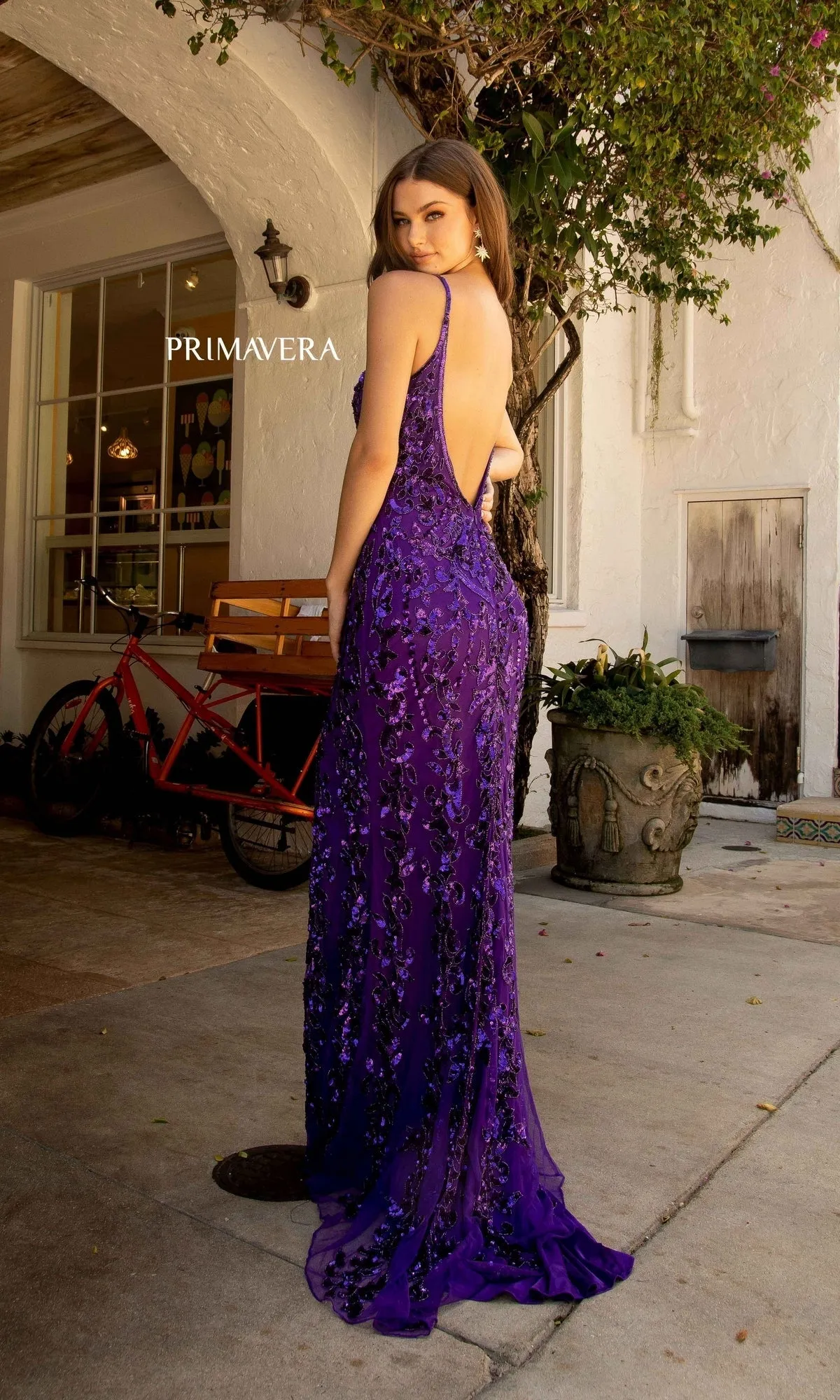 Open-Back Long Sequin Evening Gown 3749