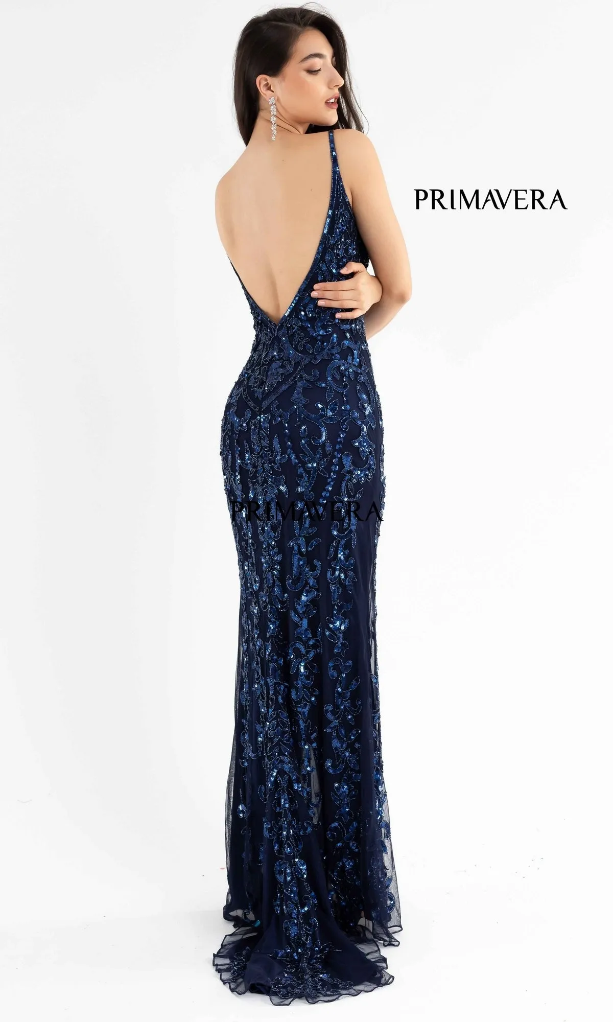 Open-Back Long Sequin Evening Gown 3749
