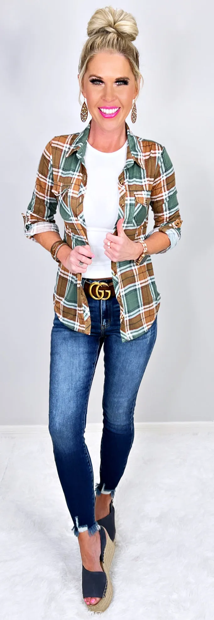 Penny Plaid Flannel Top - Camel/Olive