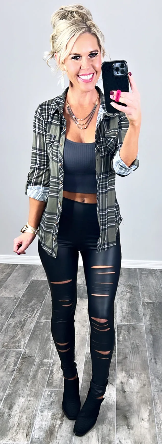 Penny Plaid Flannel Top - Olive/Black