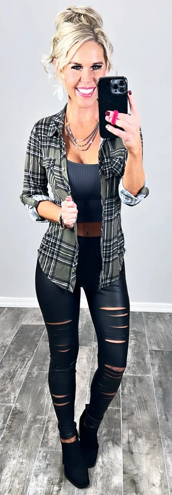 Penny Plaid Flannel Top - Olive/Black