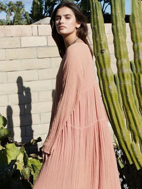 Pink Bohemia Solid Long Sleeve Maxi Summer Dress