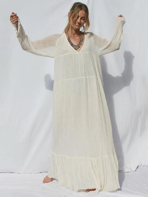 Pink Bohemia Solid Long Sleeve Maxi Summer Dress