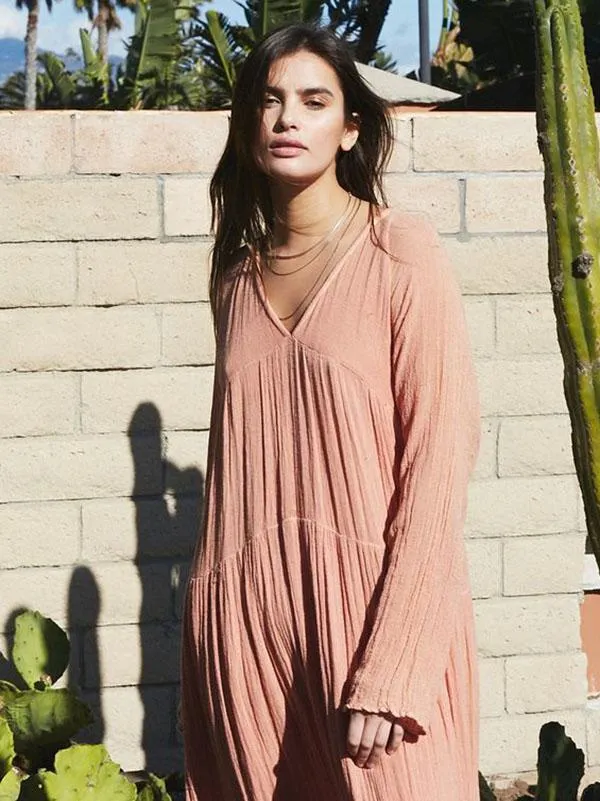 Pink Bohemia Solid Long Sleeve Maxi Summer Dress
