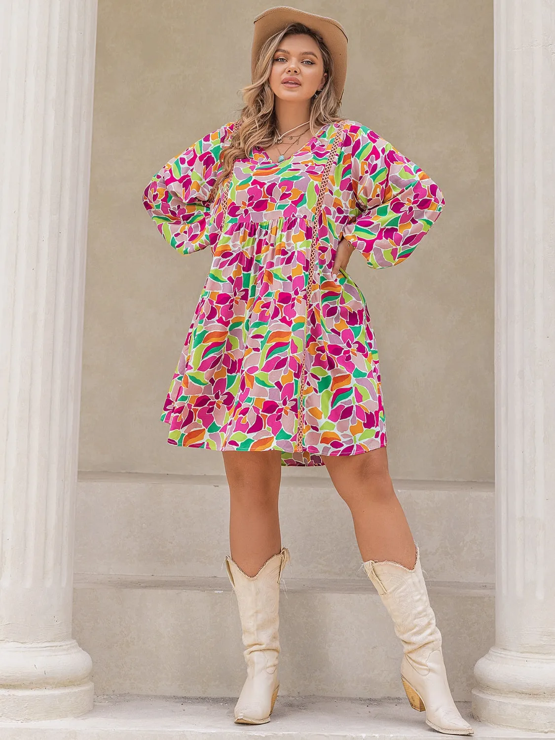 Plus Size Printed V-Neck Mini Vacation Dress