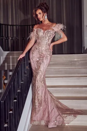 PORTIA & SCARLETT PS23306 Feather Accent Off-Shoulder Gown