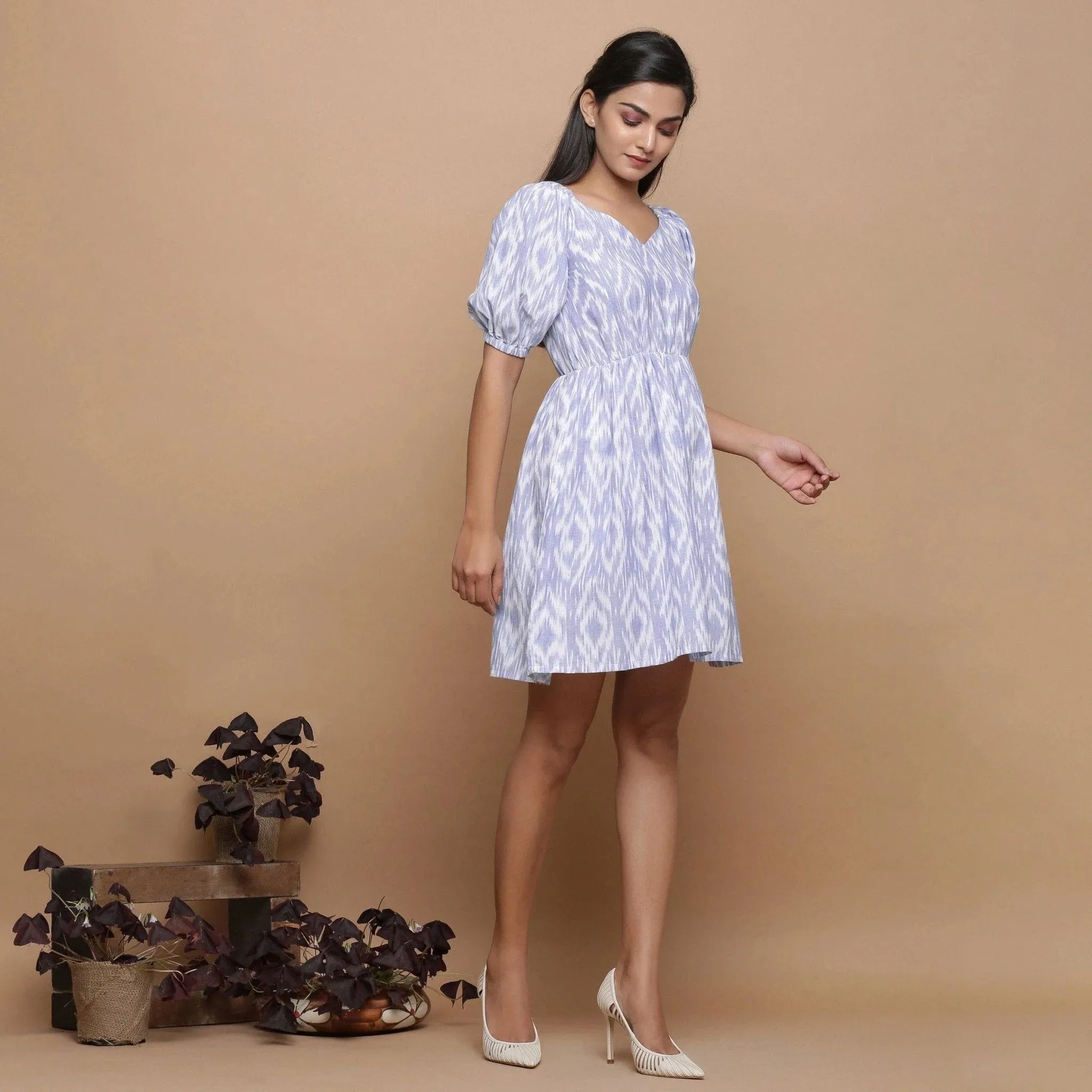 Powder Blue Ikat Cotton Sweetheart Neck Short Dress