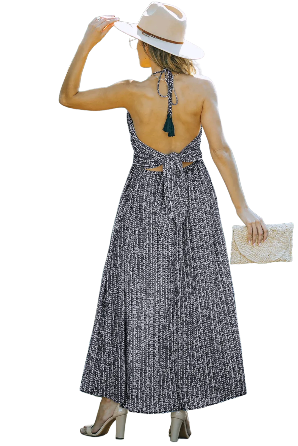 Printed Halter Neck Backless Slit Dress with Pockets