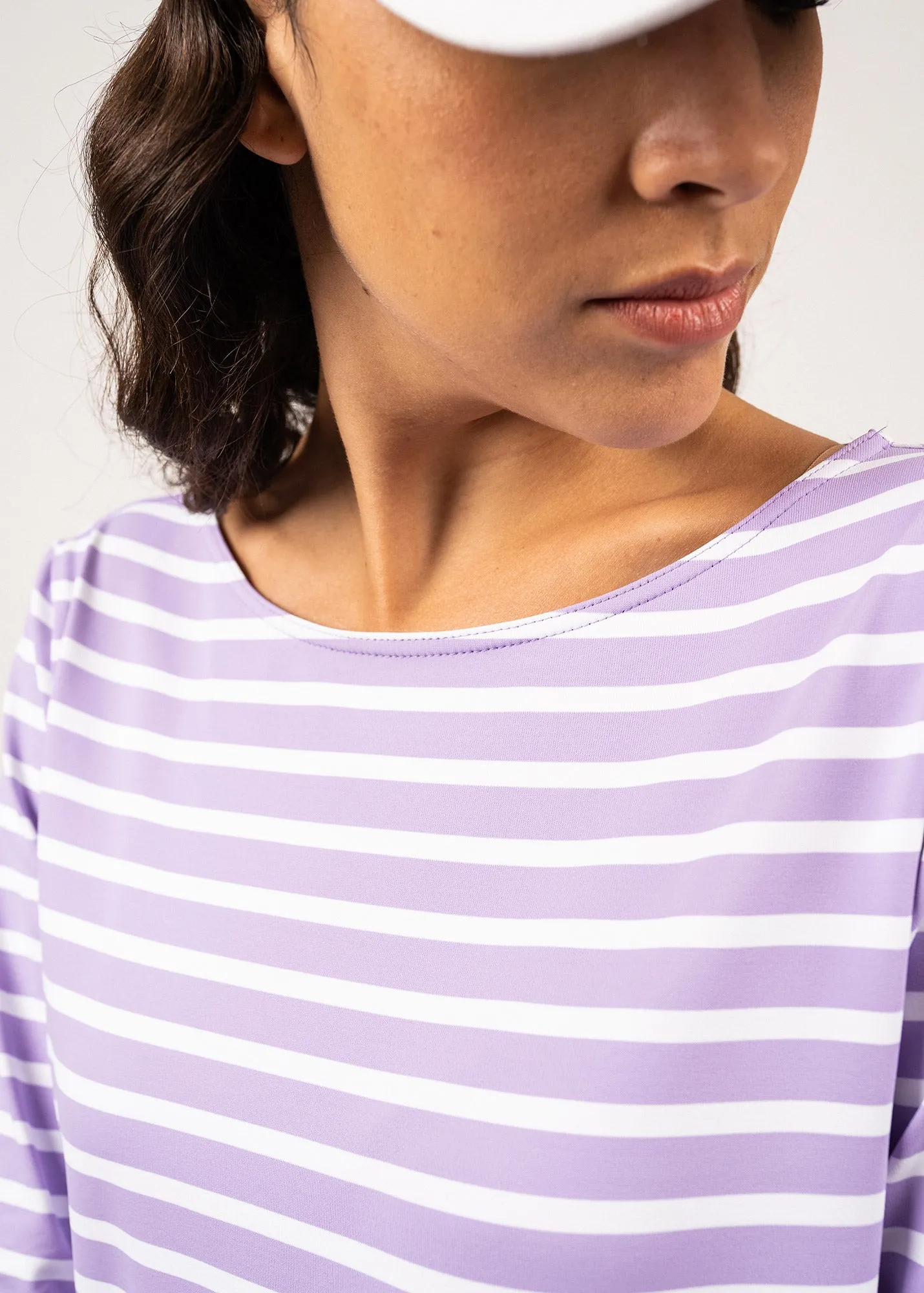 PROPRIANO - Form-Fitting Nautical Stripe Dress | Anti-UV Stretch Fabric (LILAC / WHITE)
