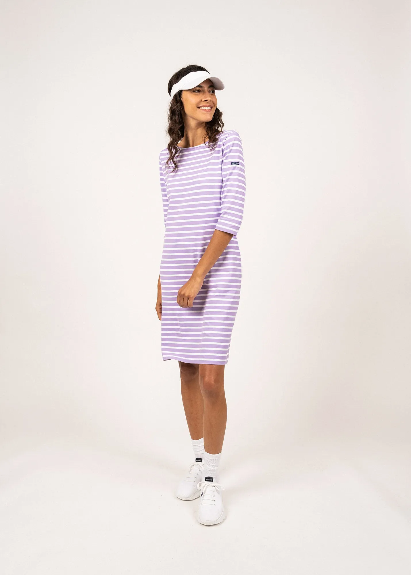 PROPRIANO - Form-Fitting Nautical Stripe Dress | Anti-UV Stretch Fabric (LILAC / WHITE)