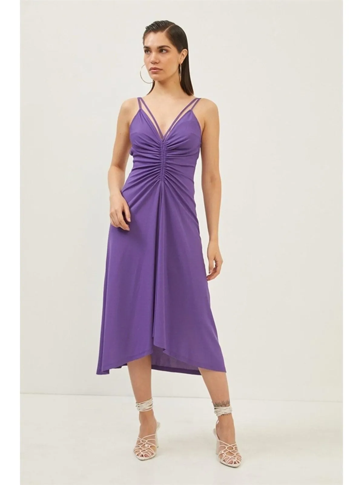 Purple Strap Draped Detailed Dress