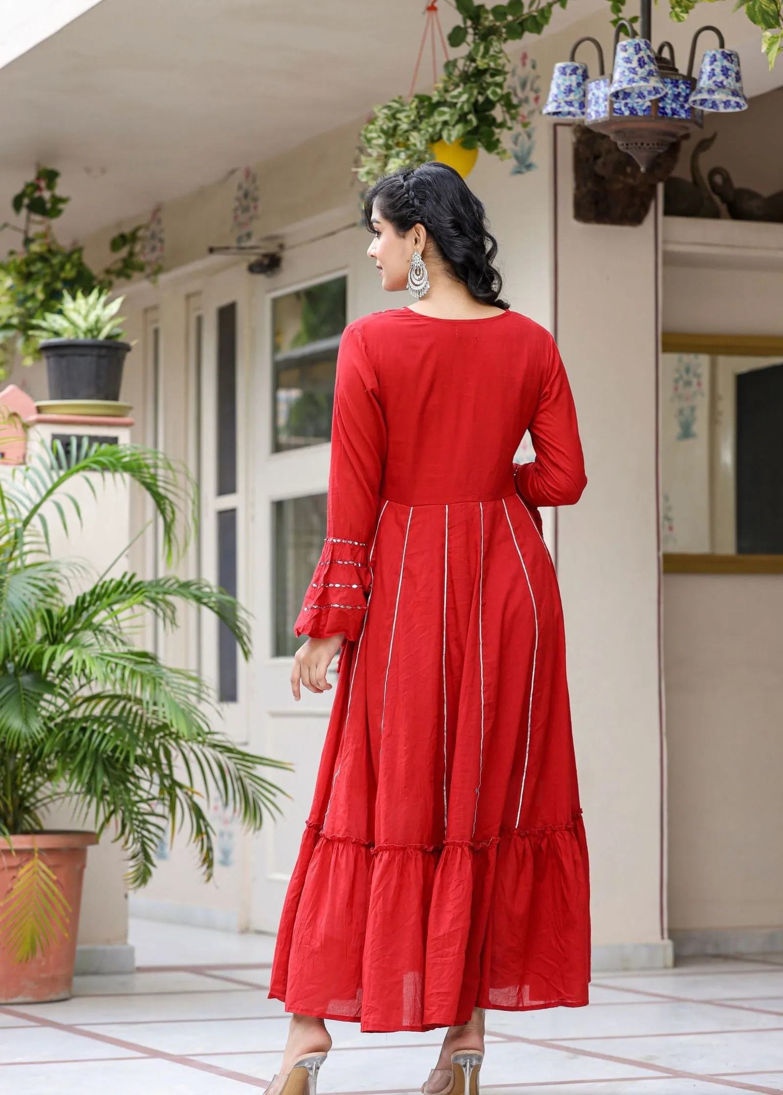 Red Mirror Embroidery Cotton Ethnic Gown (pack of 1)