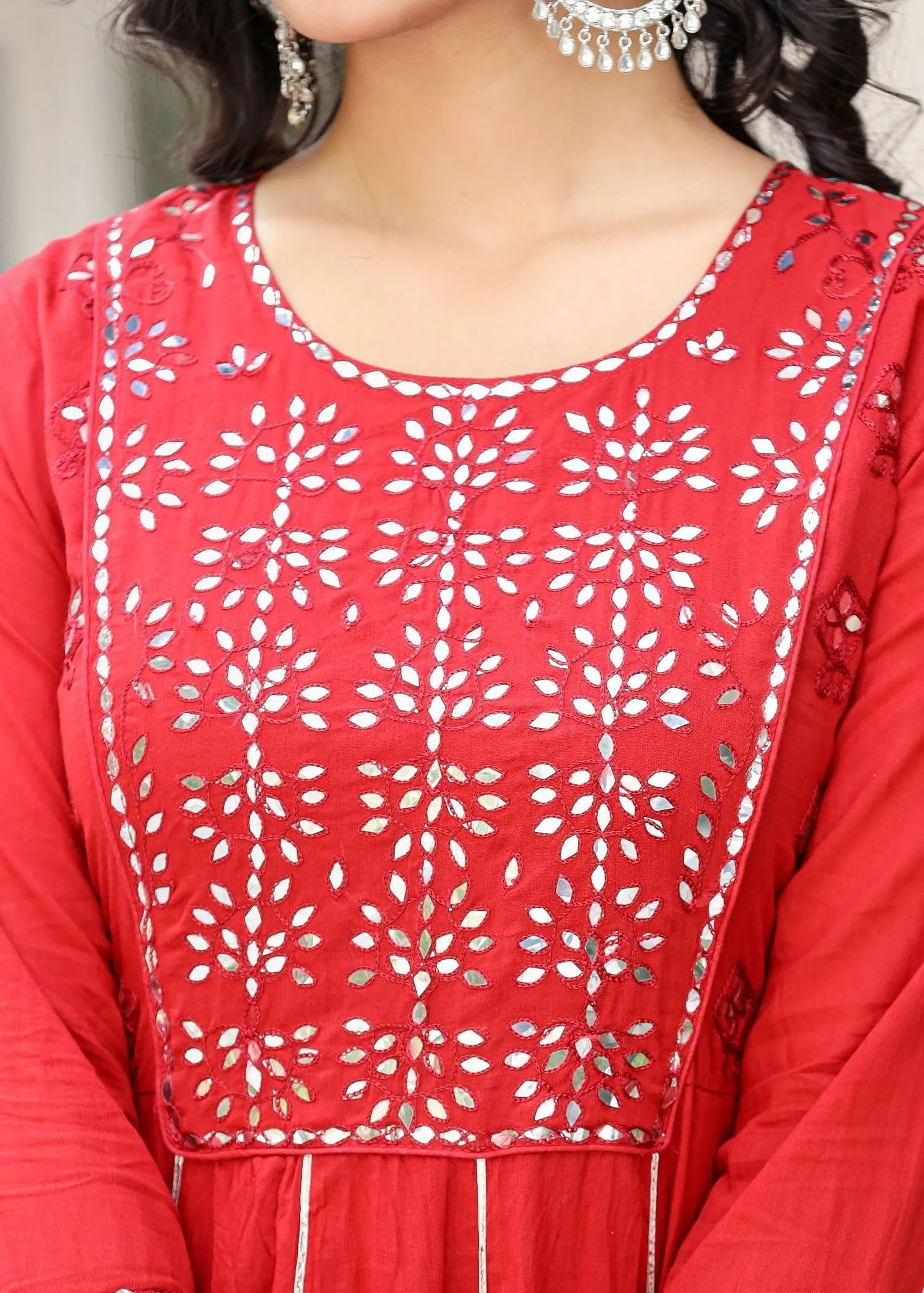 Red Mirror Embroidery Cotton Ethnic Gown (pack of 1)