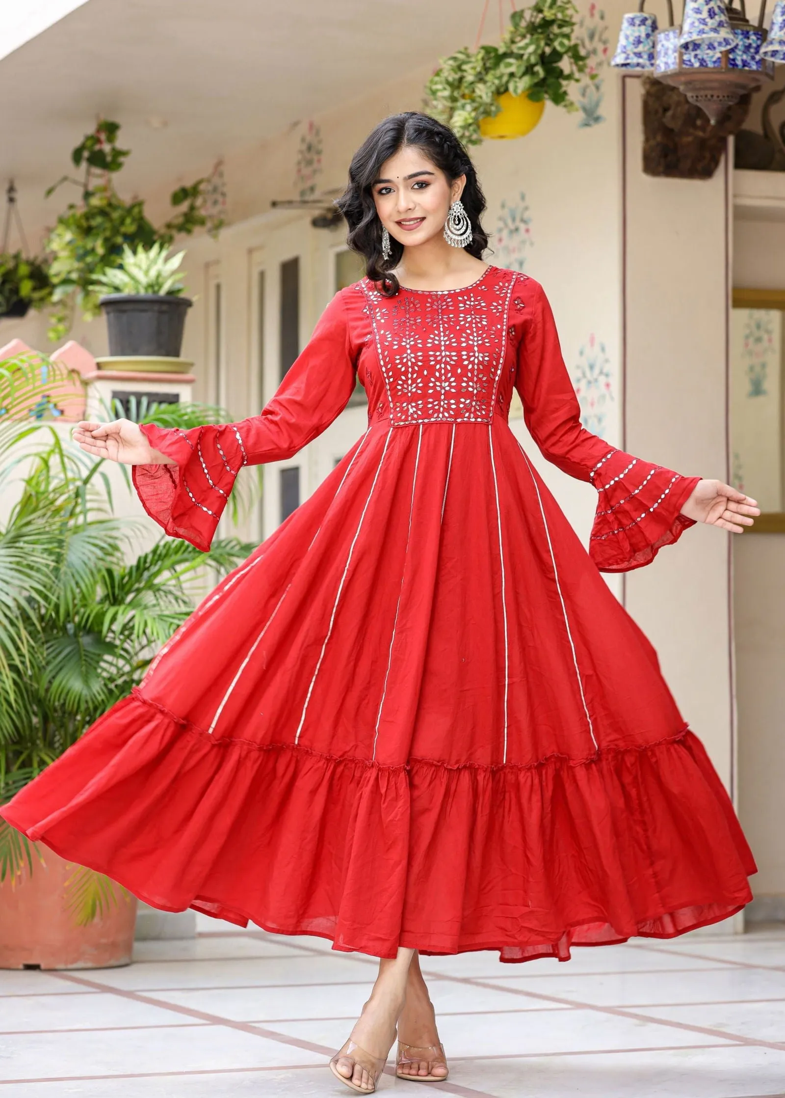 Red Mirror Embroidery Cotton Ethnic Gown (pack of 1)