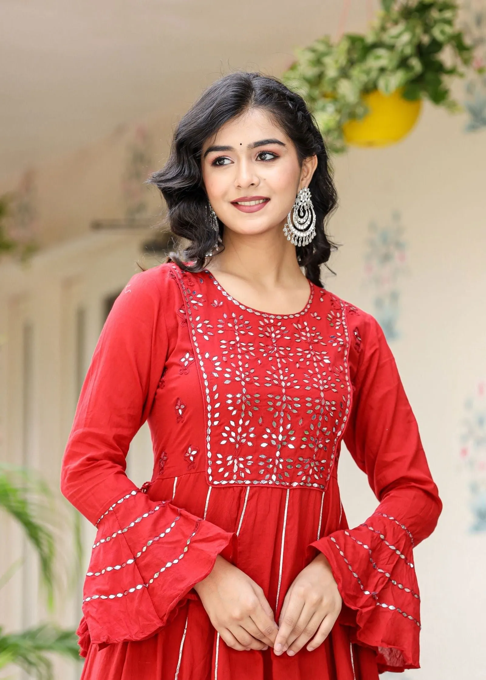 Red Mirror Embroidery Cotton Ethnic Gown (pack of 1)