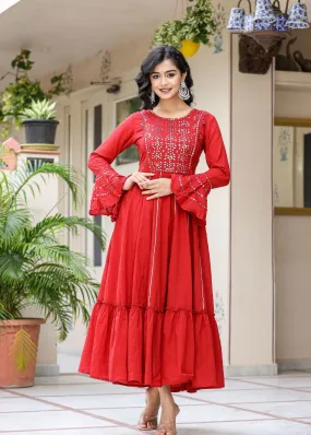 Red Mirror Embroidery Cotton Ethnic Gown (pack of 1)