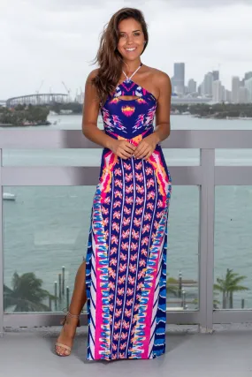 Royal Blue Halter Neck Printed Maxi Dress