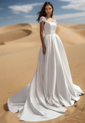 Scoop-Neck Cap-Sleeves A-Line Wedding Dress Applique Beaded Pleated Satin Sweep Train Bride Gowns