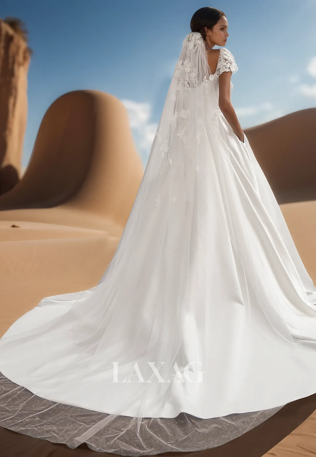 Scoop-Neck Cap-Sleeves A-Line Wedding Dress Applique Beaded Pleated Satin Sweep Train Bride Gowns