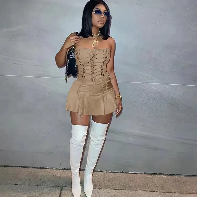 Sexy Tie Corset Pleated Mini