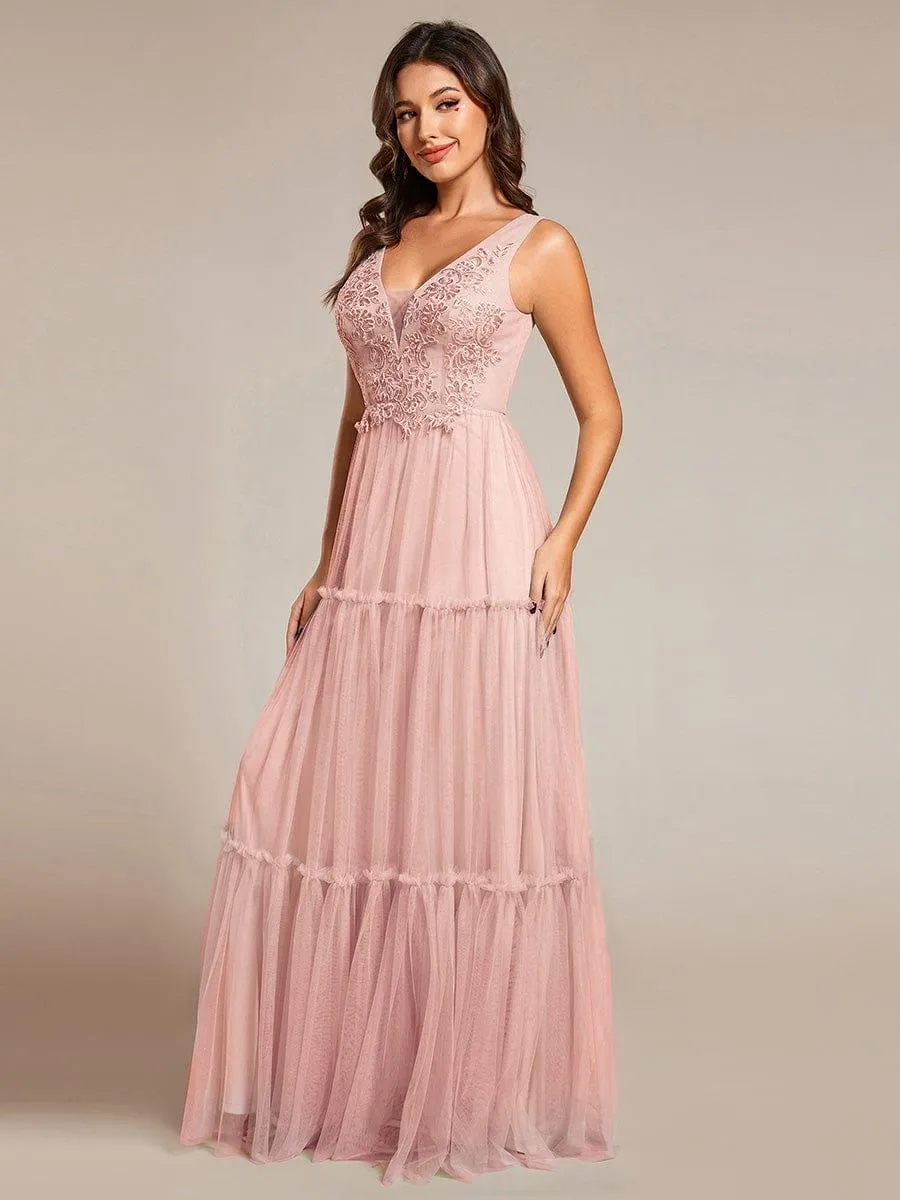 Sleeveless See-Through Applique Tulle Evening Dress