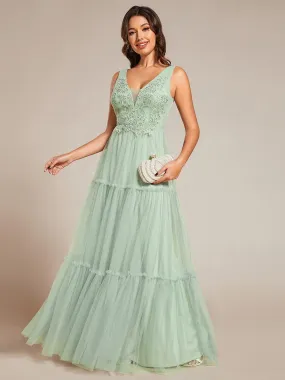 Sleeveless See-Through Applique Tulle Evening Dress