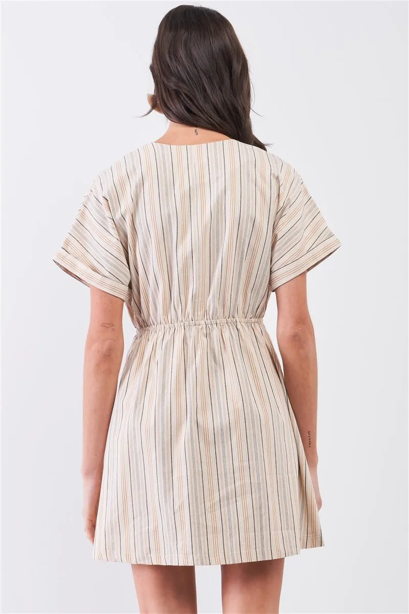 So 90s! Striped Self-tie Front Detail Short Sleeve Button Down Mini Shirt Dress