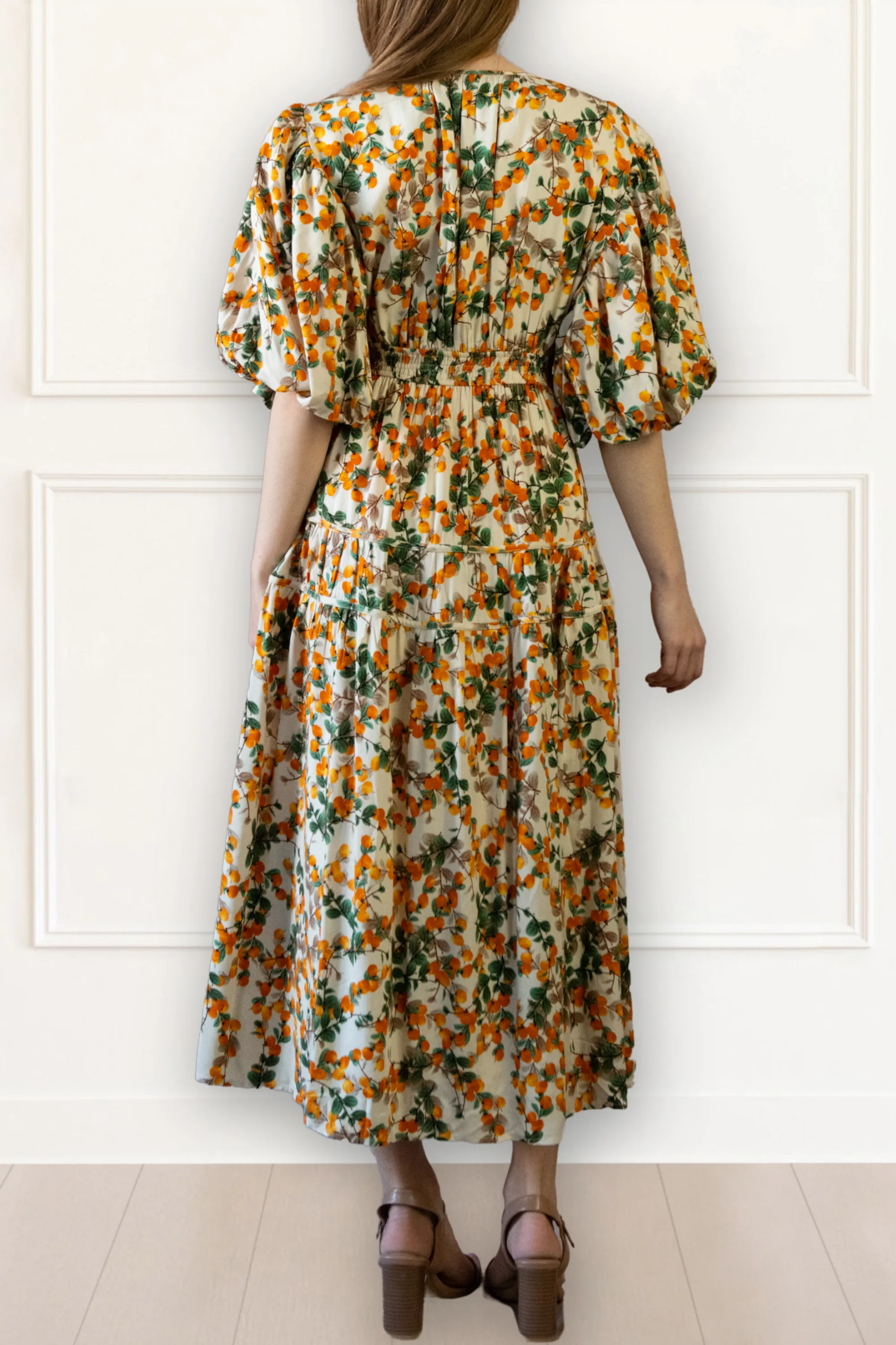 Sophie Citrus Midi Dress - V-Neck, Puff Sleeves, Smocked Waist