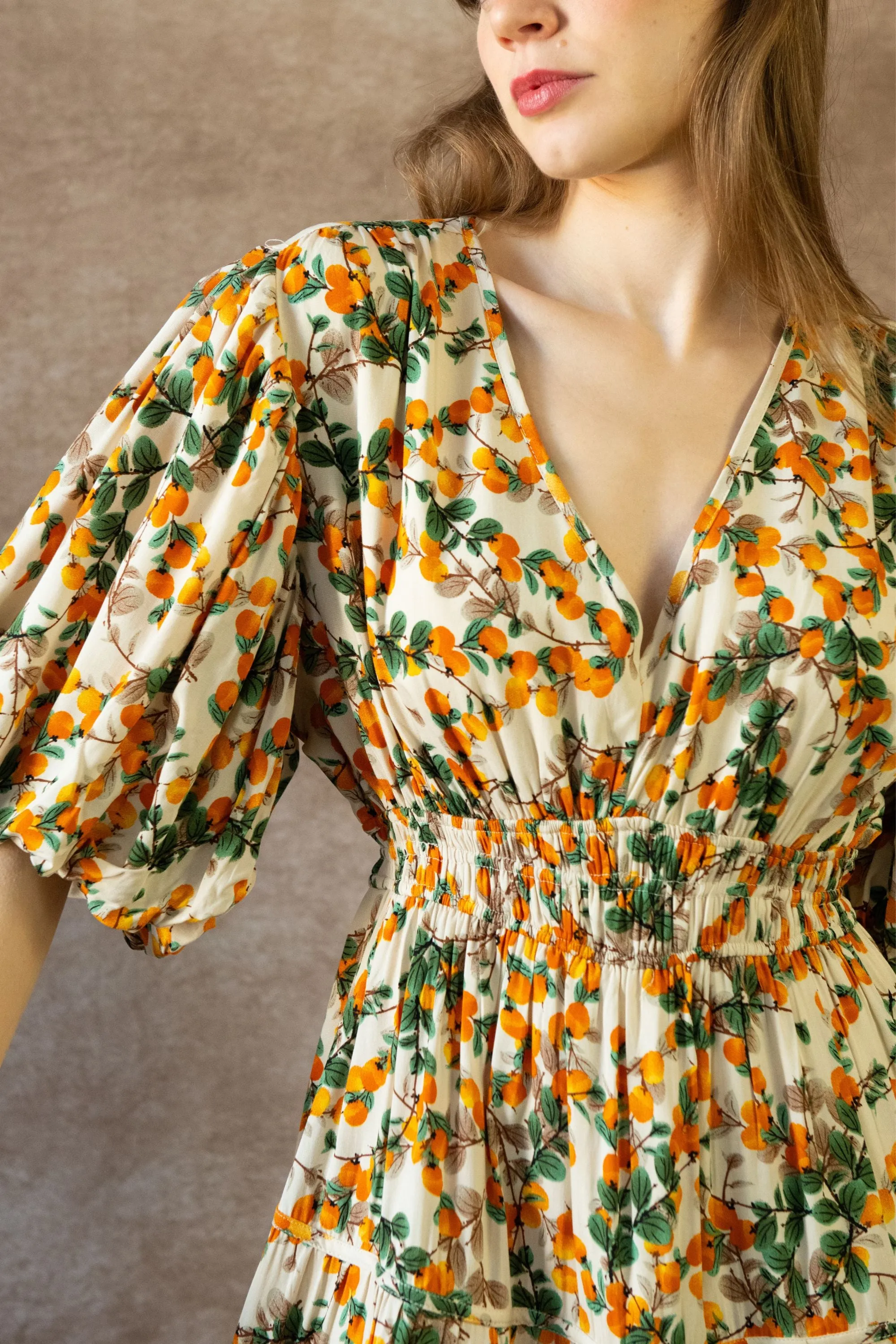 Sophie Citrus Midi Dress - V-Neck, Puff Sleeves, Smocked Waist