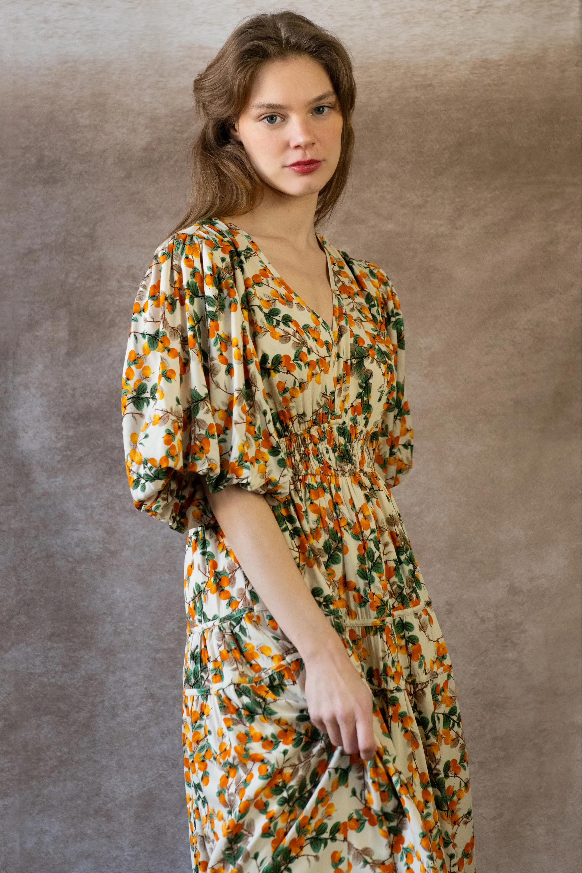 Sophie Citrus Midi Dress - V-Neck, Puff Sleeves, Smocked Waist