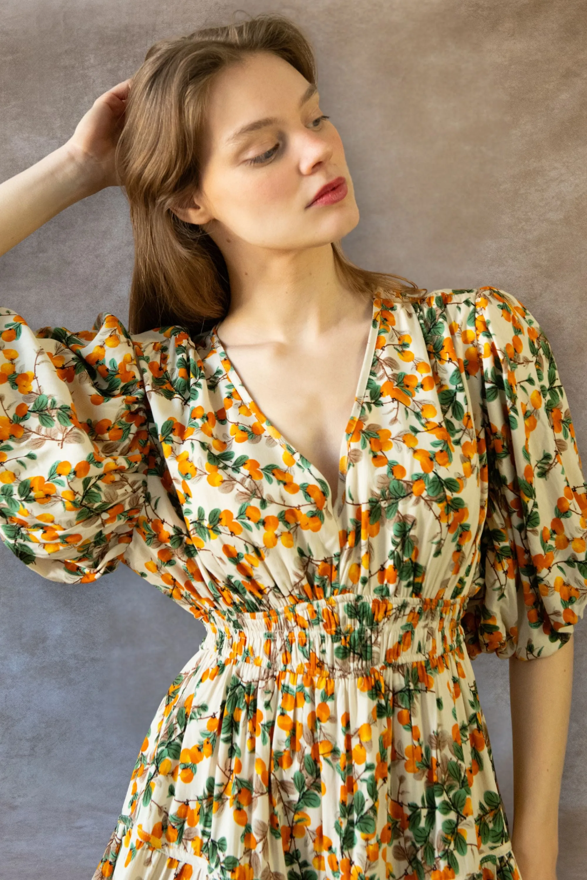 Sophie Citrus Midi Dress - V-Neck, Puff Sleeves, Smocked Waist