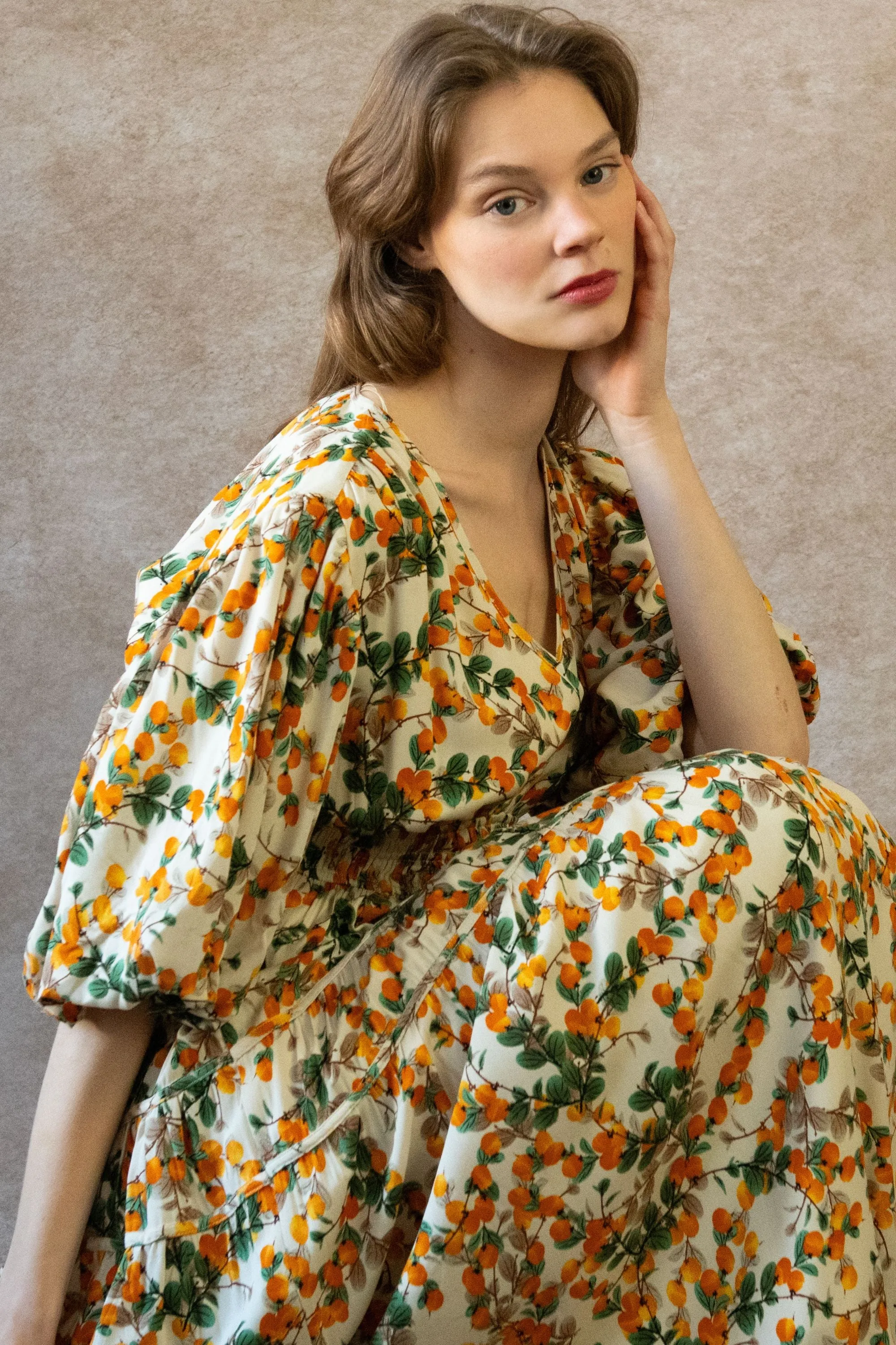 Sophie Citrus Midi Dress - V-Neck, Puff Sleeves, Smocked Waist