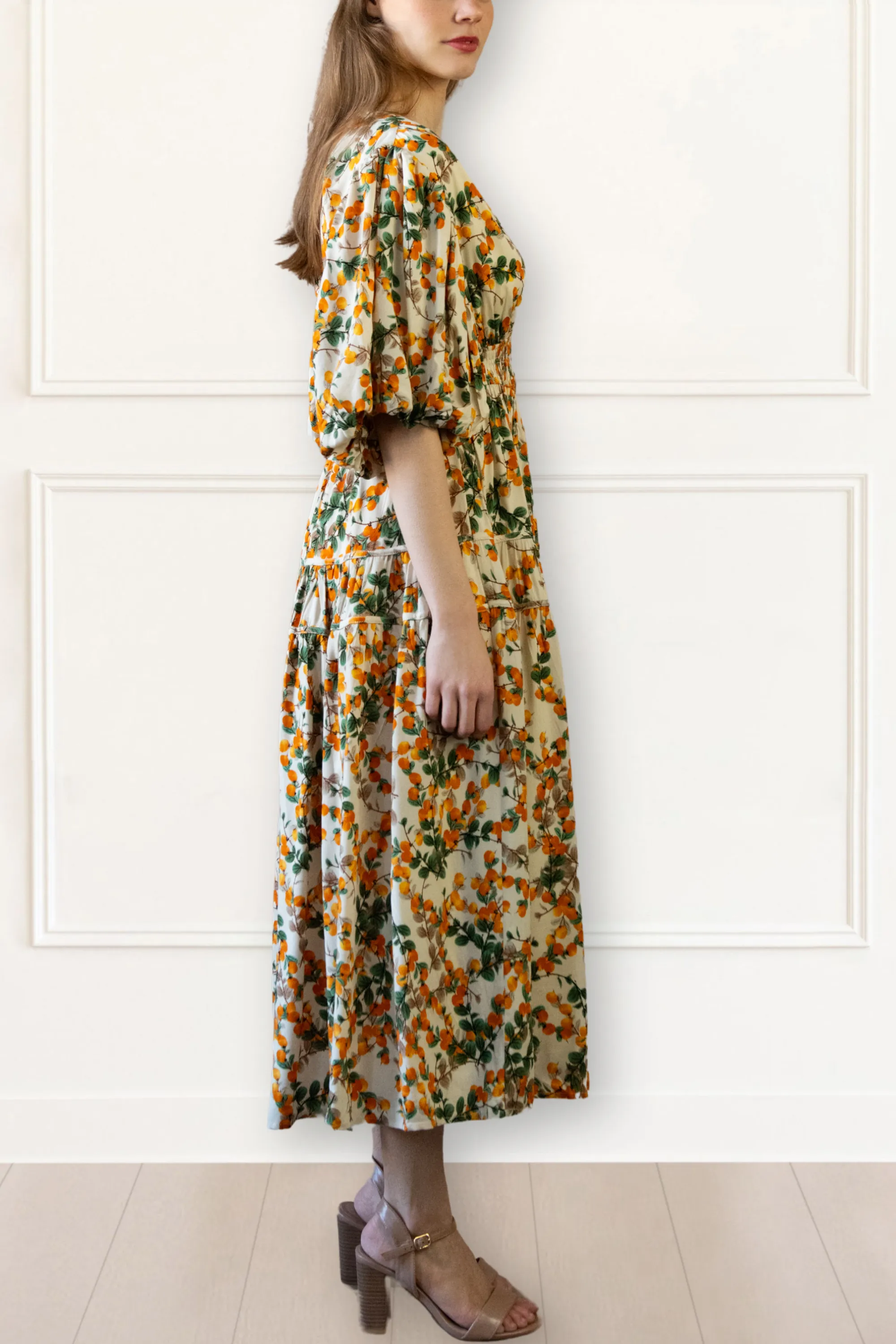Sophie Citrus Midi Dress - V-Neck, Puff Sleeves, Smocked Waist