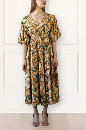 Sophie Citrus Midi Dress - V-Neck, Puff Sleeves, Smocked Waist