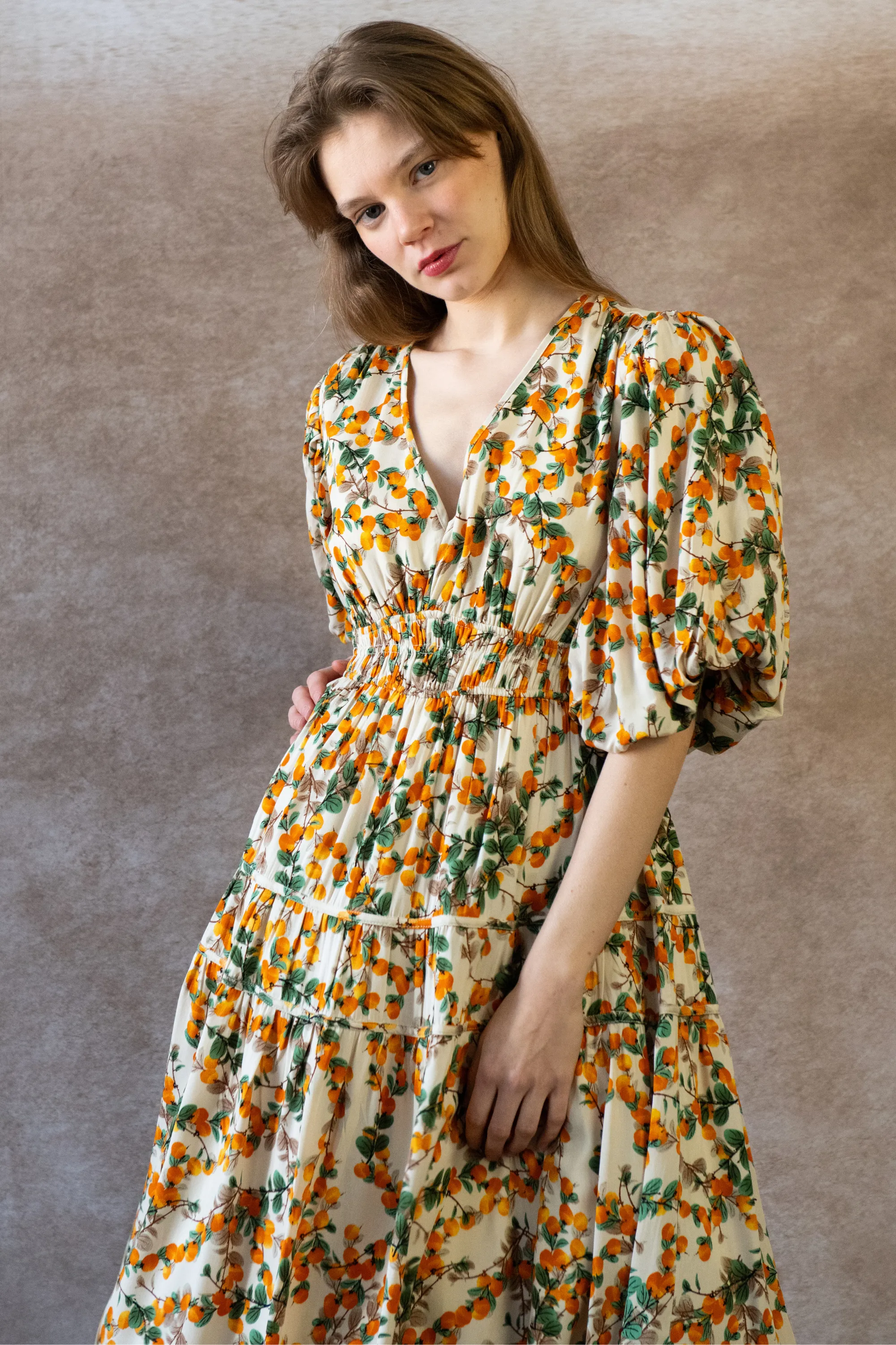 Sophie Citrus Midi Dress - V-Neck, Puff Sleeves, Smocked Waist
