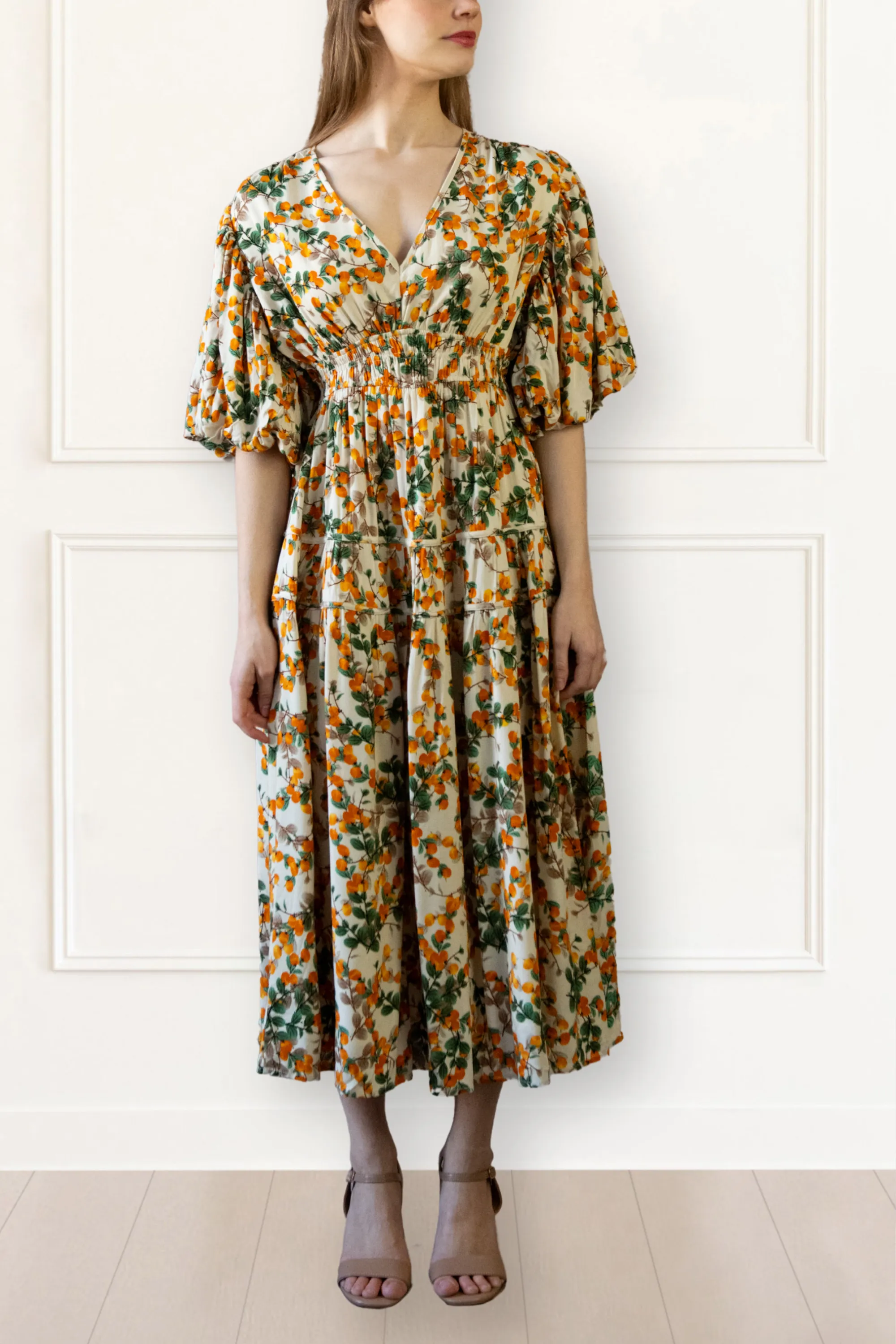 Sophie Citrus Midi Dress - V-Neck, Puff Sleeves, Smocked Waist