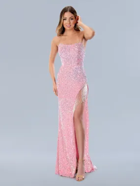 Stella Couture 24116 Size 2 Pink Fringe Slit Velvet Sequin Prom Dress Backless Corset Scoop Neck
