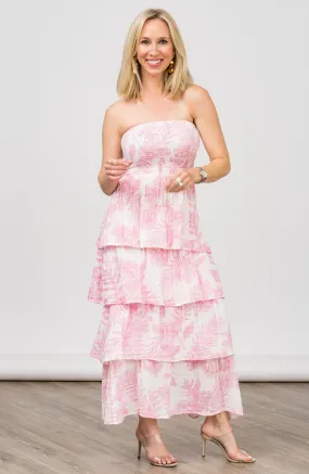 Strapless Tier Maxi Dress in Baby Pink Palm