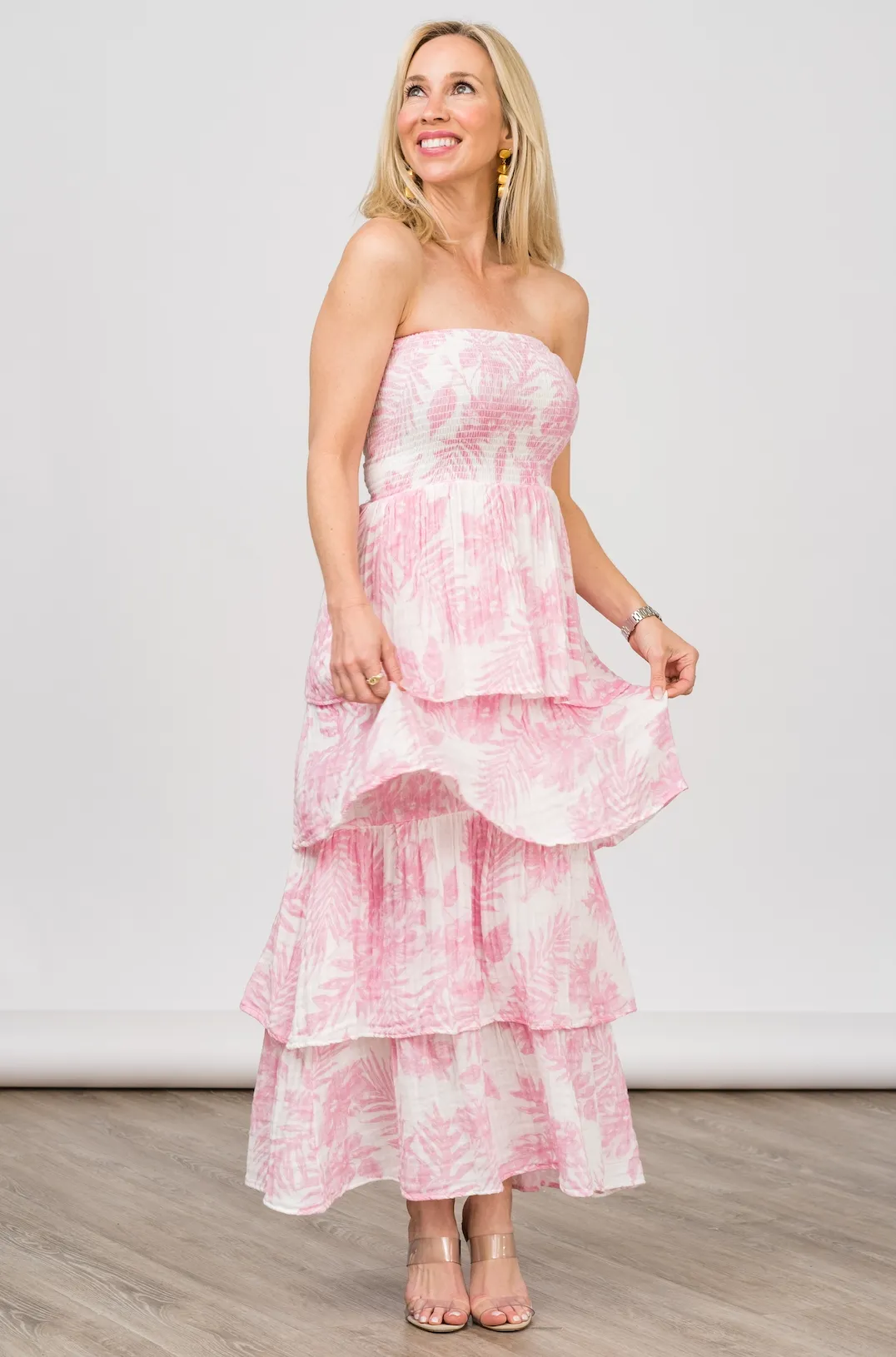 Strapless Tier Maxi Dress in Baby Pink Palm