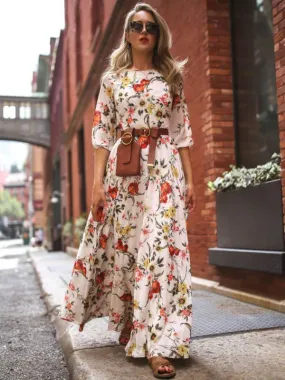 TastyHottie - Floral Round Neck Half Sleeves Bohemia Maxi Dress