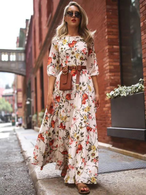 TastyHottie - Floral Round Neck Half Sleeves Bohemia Maxi Dress