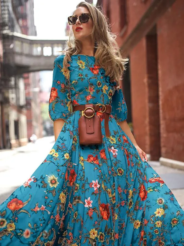 TastyHottie - Floral Round Neck Half Sleeves Bohemia Maxi Dress