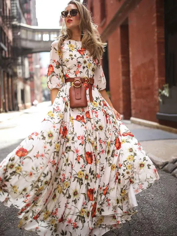 TastyHottie - Floral Round Neck Half Sleeves Bohemia Maxi Dress