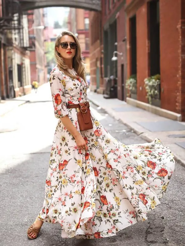 TastyHottie - Floral Round Neck Half Sleeves Bohemia Maxi Dress