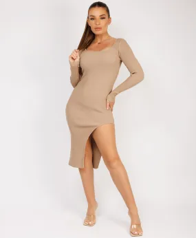 Taupe Long Sleeve Ribbed Side Split Knitted Midi Dress