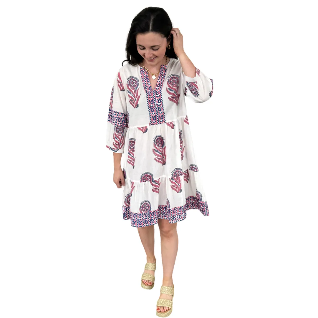 The Evie Hand Block Printed Dress in White and Pink Floral