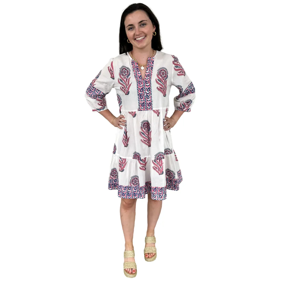 The Evie Hand Block Printed Dress in White and Pink Floral