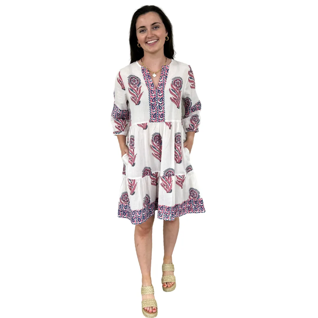 The Evie Hand Block Printed Dress in White and Pink Floral