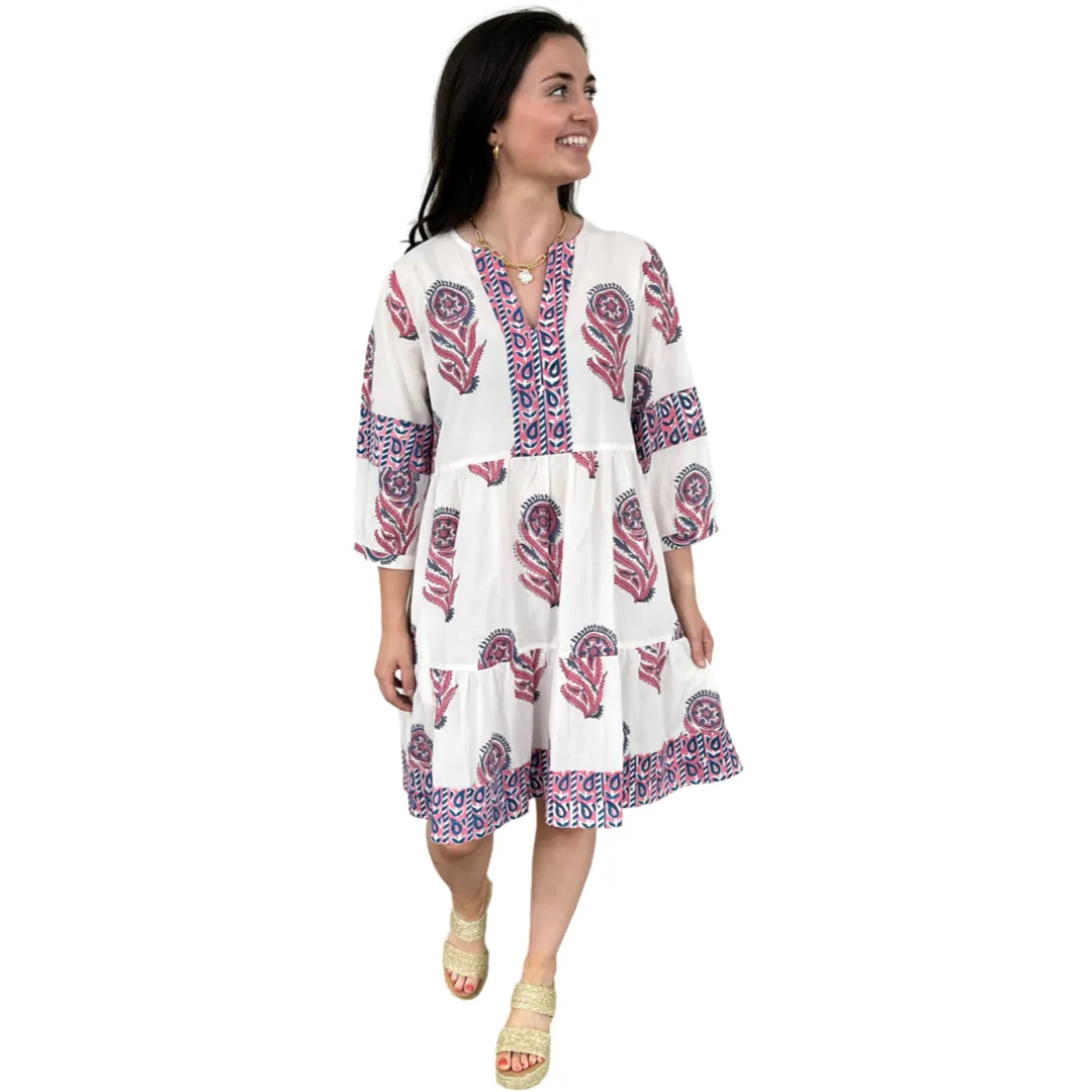 The Evie Hand Block Printed Dress in White and Pink Floral